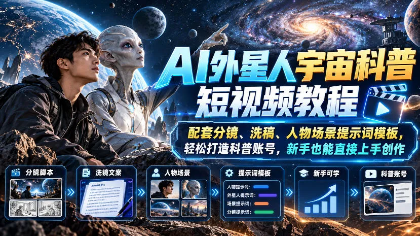 AI外星人宇宙科普短视频教程，配套分镜、洗稿、人物场景提示词模板，轻松打造科普账号，新手也能直接上手创作-小优资源网