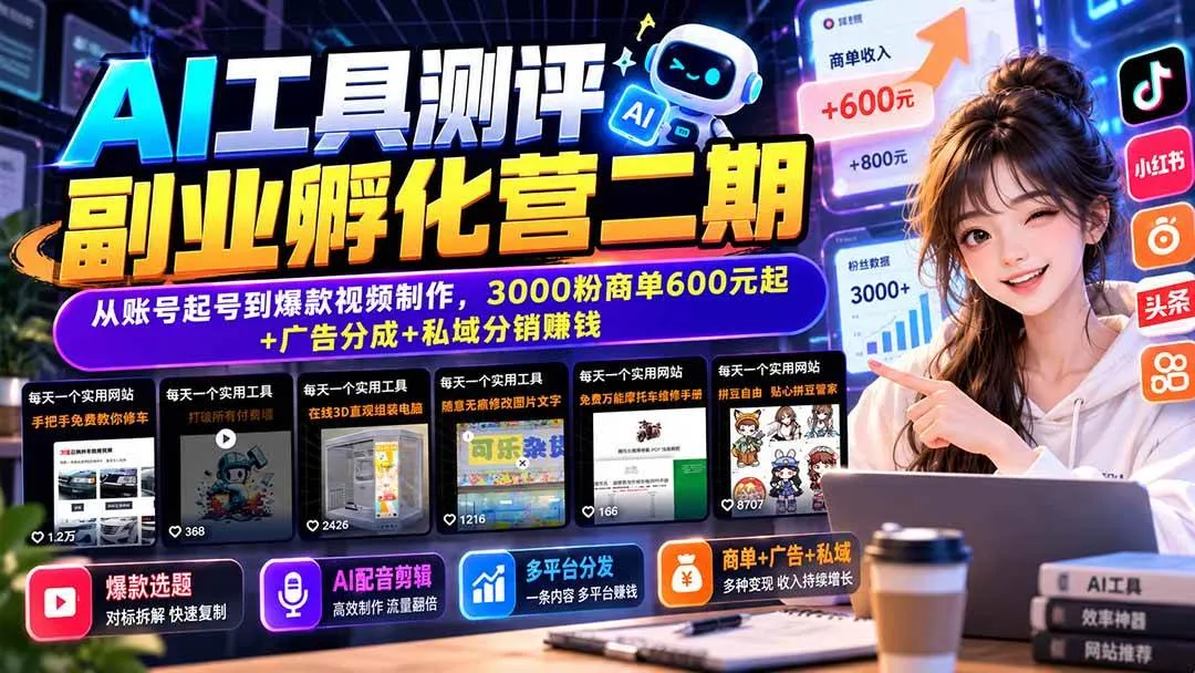 (20799期)AI工具测评副业孵化营二期:从账号起号到爆款视频制作,3000粉商单600元起+广告分成+私域分销赚钱 (20799期)AI工具测评副业孵化营二期:从账号起号到爆款视频制作,3000粉商单600元起+广告分成+私域分销赚钱