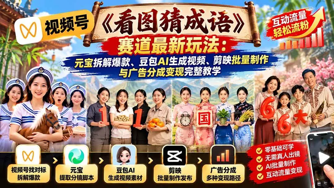 （21060期）视频号《看图猜成语》赛道最新玩法：元宝拆解爆款、豆包AI生成视频、剪映批量制作与广告分成变现完整教学-小优资源网