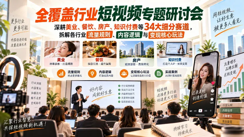 短视频专题研讨会,深耕美业、餐饮、房产、知识付费等34大细分赛道,拆解各行业流量规则、内容逻辑与变现核心玩法-小优资源网