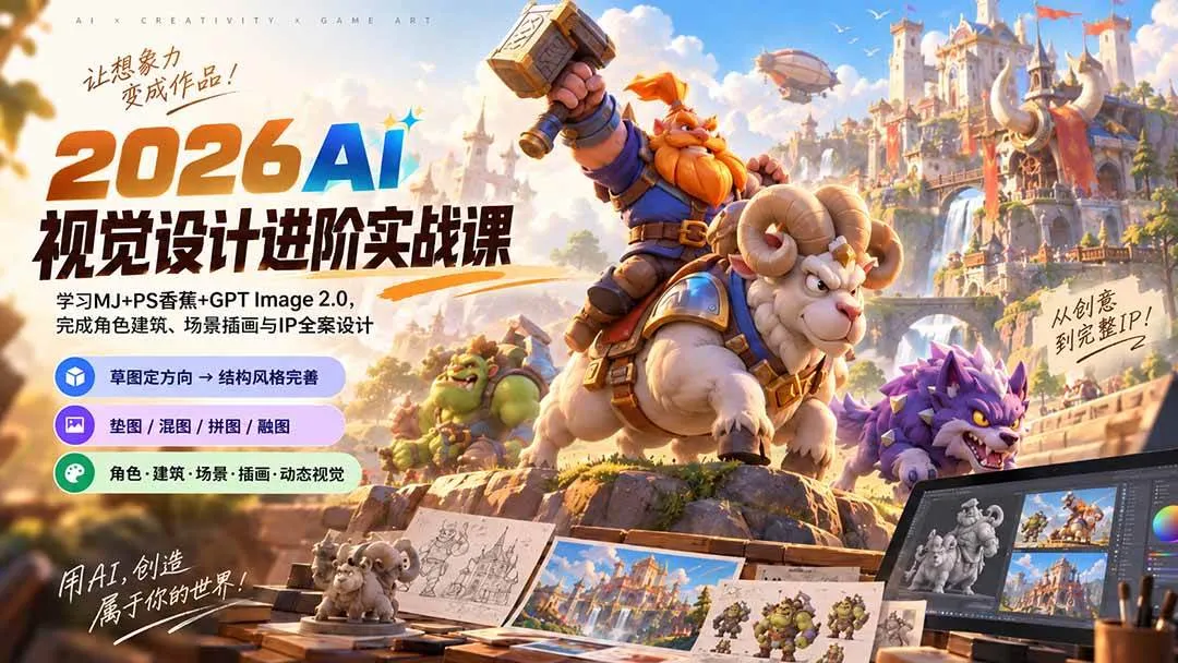 (20852期)2026AI视觉设计进阶实战课-更新1007:学习MJ+PS香蕉+GPT Image 2.0,完成角色建筑、场景插画与IP全案设计-小优资源网
