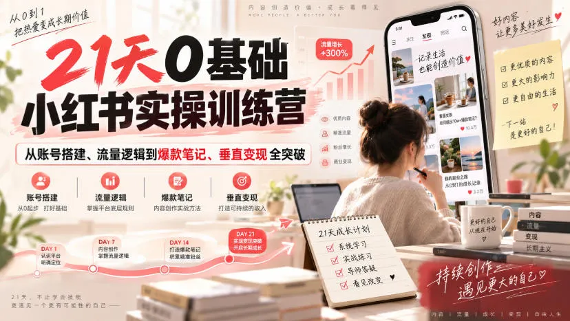 21天0基础小红书实操训练营|从账号搭建、流量逻辑到爆款笔记、垂直变现全突破-小优资源网