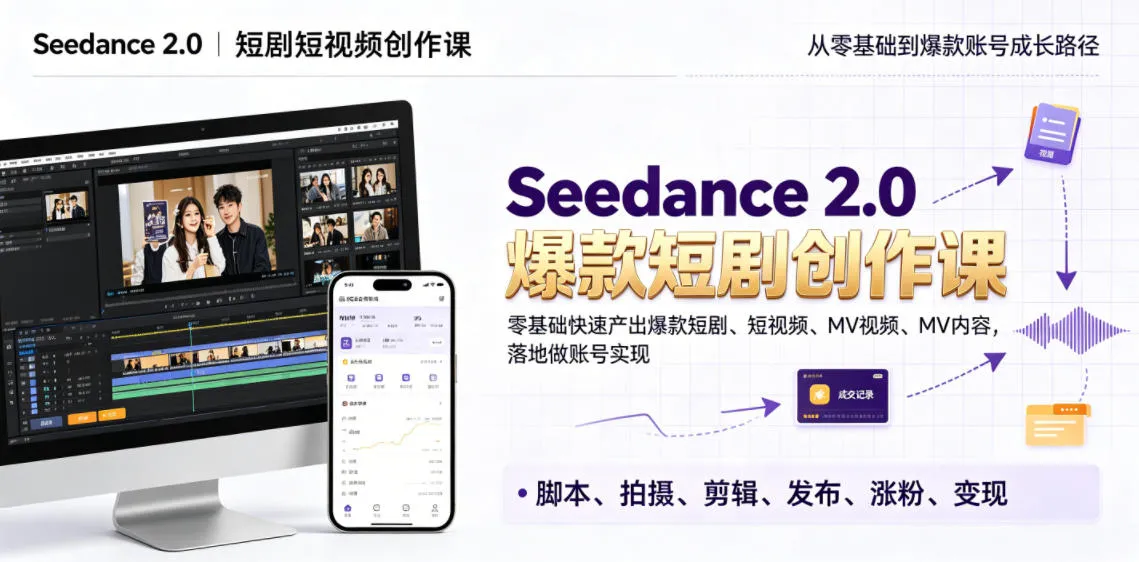 Seedance 2.0短剧短视频创作课,零基础快速产出爆款短剧、短视频、MV内容,落地做账号实现变现-小优资源网