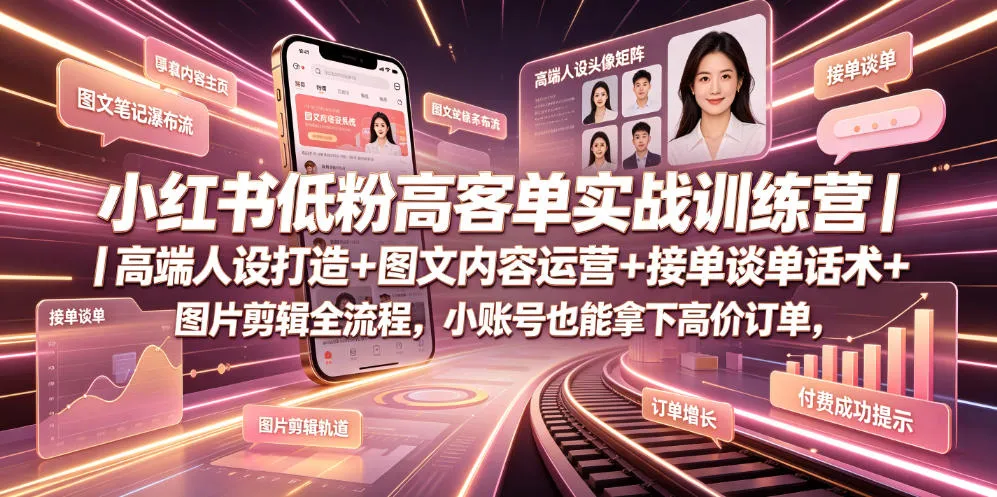 小红书低粉高客单实战训练营｜高端人设打造+图文内容运营+接单谈单话术+图片剪辑全流程，小账号也能拿下高价订单-小优资源网