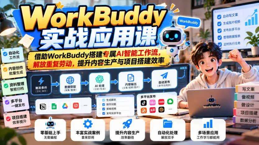 WorkBuddy实战应用课,借助WorkBuddy搭建专属AI智能工作流,解放重复劳动,提升内容生产与项目搭建效率 WorkBuddy实战应用课,借助WorkBuddy搭建专属AI智能工作流,解放重复劳动,提升内容生产与项目搭建效率