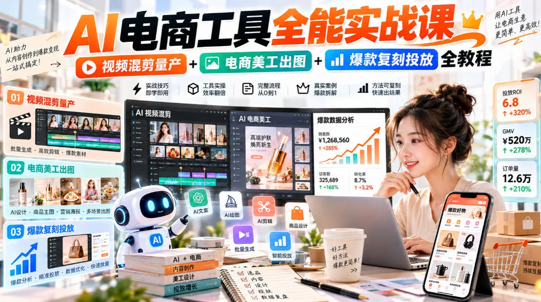 AI电商工具全能实战教学,视频混剪量产+电商美工出图+爆款复刻投放全教程-小优资源网