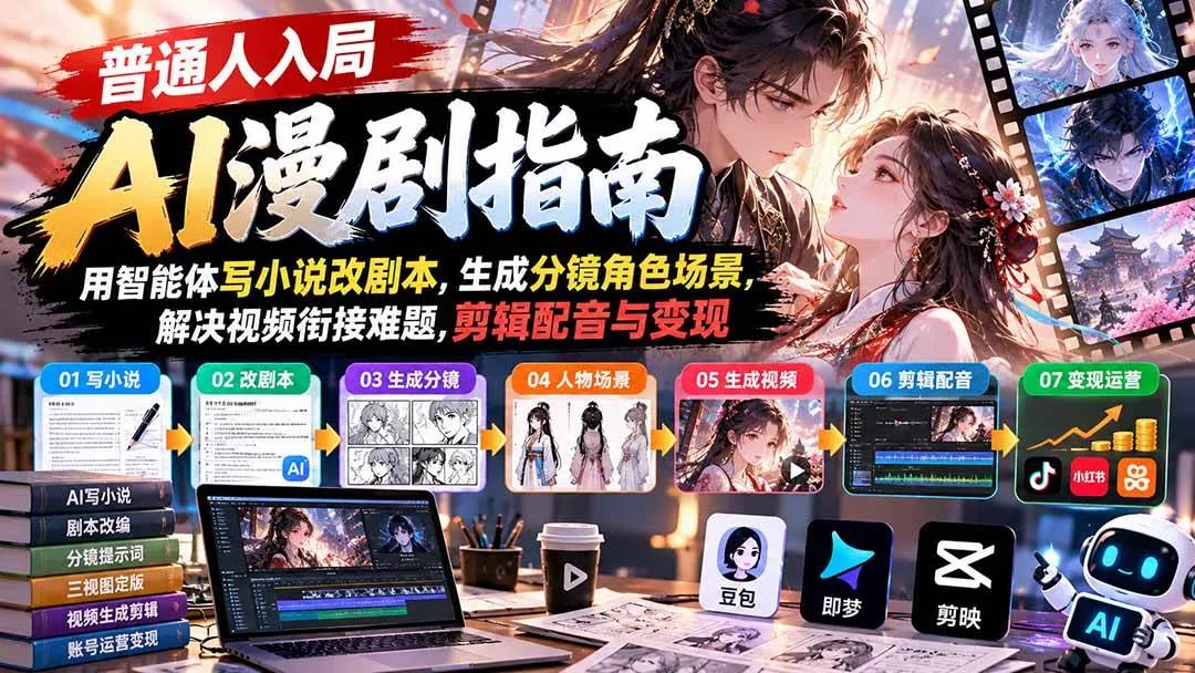（21033期）【无水印】普通人入局AI漫剧指南：用智能体写小说改剧本，生成分镜角色场景，解决视频衔接难题，剪辑配音与变现-小优资源网