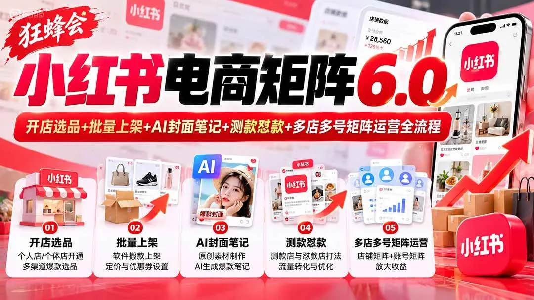 (20732期)【无水印】狂蜂会小红书电商矩阵6.0:开店选品+批量上架+AI封面笔记+测款怼款+多店多号矩阵运营全流程-小优资源网