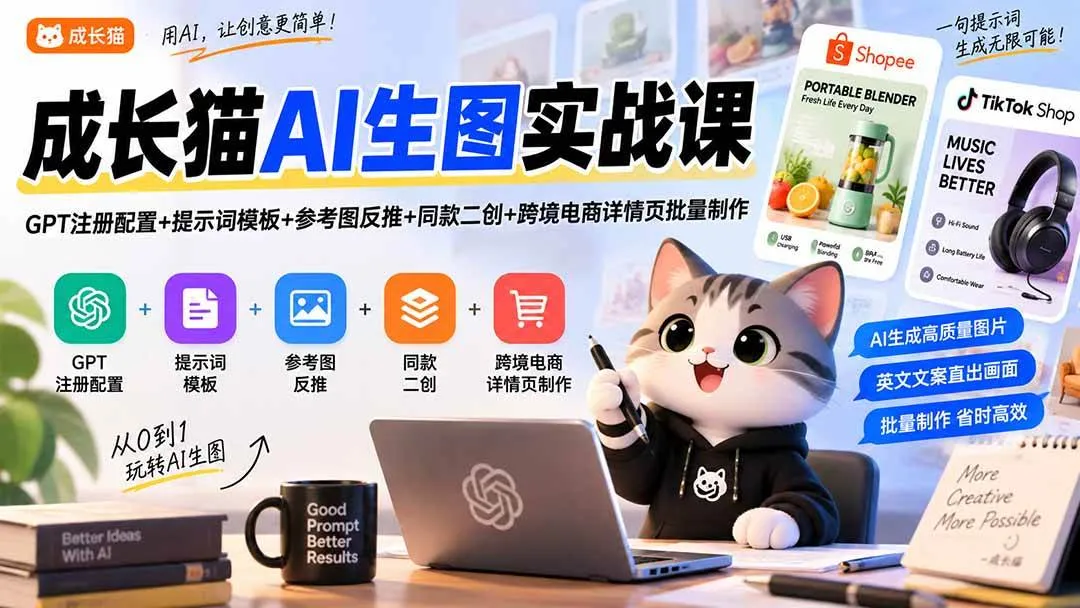 (20482期)成长猫AI生图实战课|GPT注册配置+提示词模板+参考图反推+同款二创+跨境电商详情页批量制作 (20482期)成长猫AI生图实战课|GPT注册配置+提示词模板+参考图反推+同款二创+跨境电商详情页批量制作