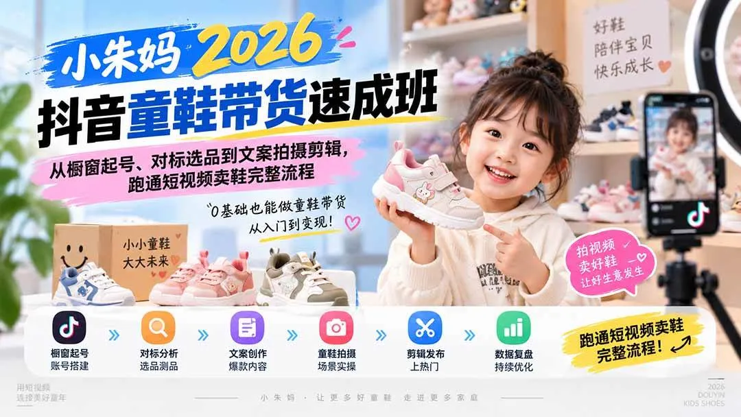 （20267期）小朱妈2026抖音童鞋带货速成班：从橱窗起号、对标选品到文案拍摄剪辑，跑通短视频卖鞋完整流程-小优资源网