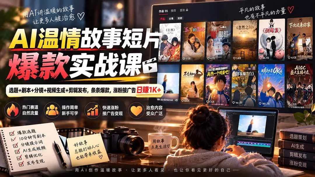 (20477期)AI温情故事短片爆款实战课-更新|选题+剧本+分镜+视频生成+剪辑发布,条条爆款,涨粉接广告日赚1K+-小优资源网