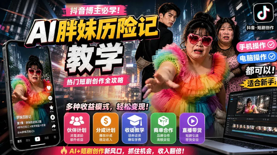 抖音博主的AI胖妹历险记教学,伙伴计划+分成计划+收徒+商单等多种收益,适合新手,手机电脑都可以操作-小优资源网
