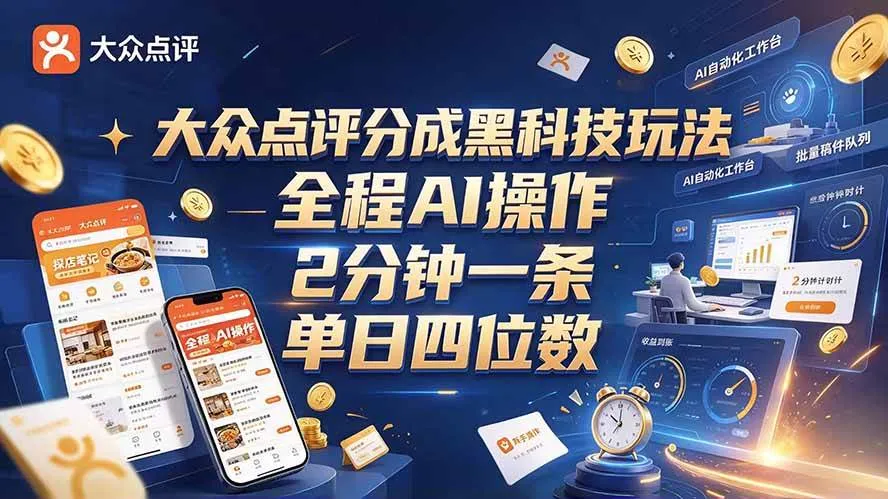 （21013期）大众点评分成全网独家玩法，AI 全自动出内容，2 分钟一条，小白可冲单日四位数-小优资源网