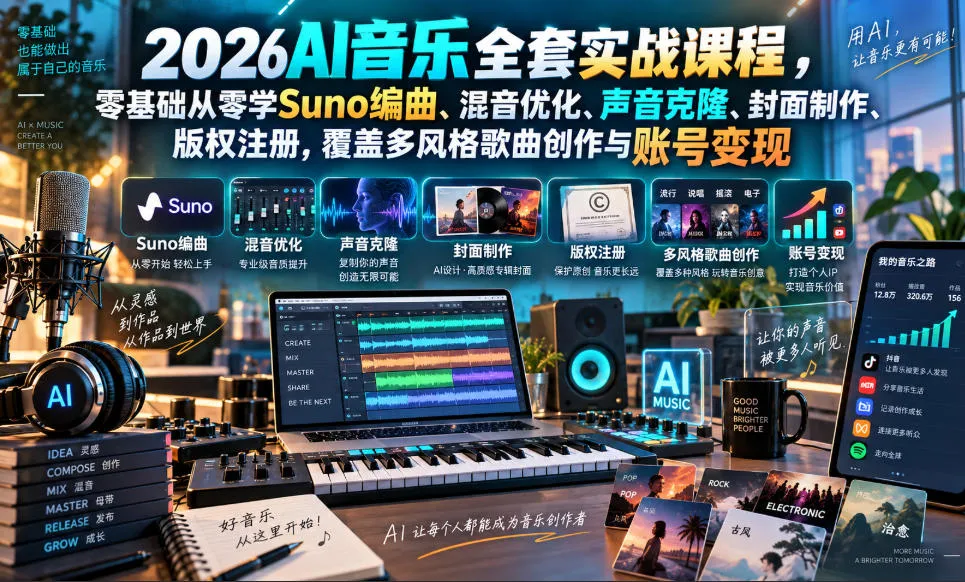 2026AI音乐实战课程,零基础从零学Suno编曲、混音优化、声音克隆、版权注册,覆盖多风格歌曲创作与账号变现(更新0924)-小优资源网