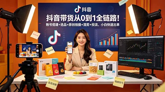 抖音带货从0到1全链路!账号搭建+选品+原创拍摄+混剪+投流,小白快速出单-小优资源网