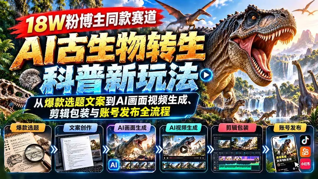 （20833期）18W粉博主同款赛道-AI古生物转生科普新玩法：从爆款选题文案到AI画面视频生成、剪辑包装与账号发布全流程-小优资源网