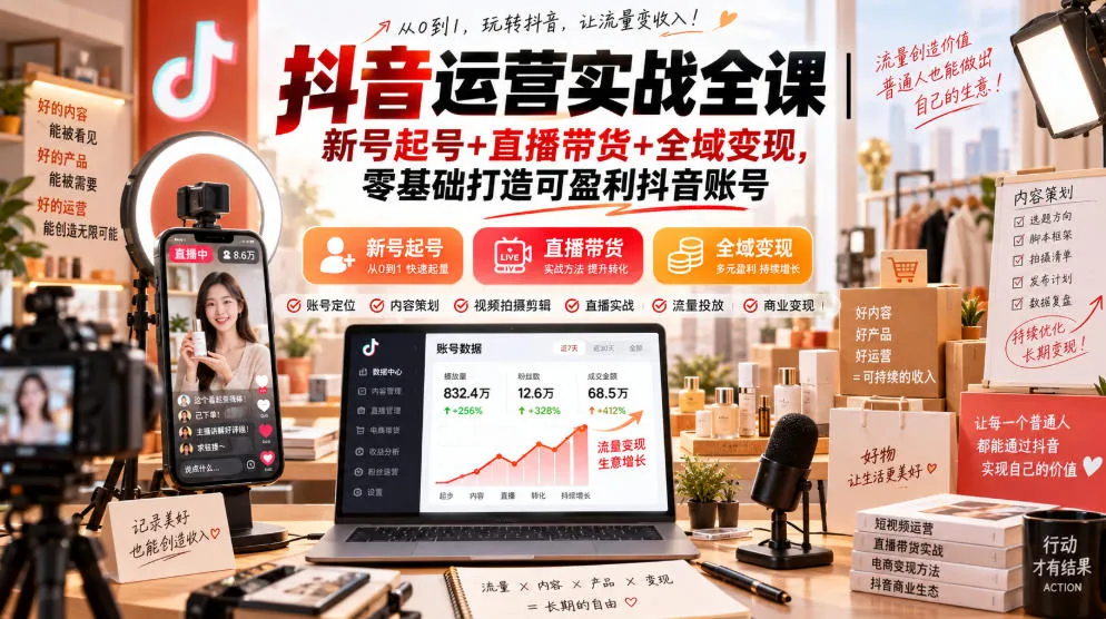 抖音运营实战全课|新号起号+直播带货+全域变现,零基础打造可盈利抖音账号-小优资源网