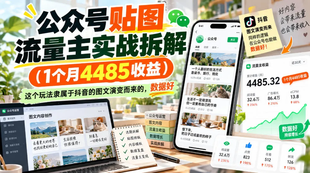 公众号贴图流量主实战拆解(1个月4485收益),这个玩法隶属于抖音的图文演变而来的,数据好-小优资源网
