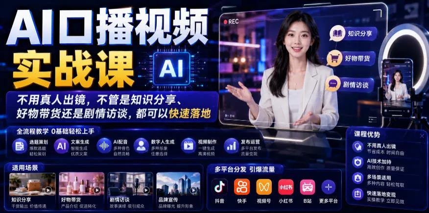 AI口播视频实战课，不用真人出镜，不管是知识分享、好物带货还是剧情访谈，都可以快速落地-小优资源网