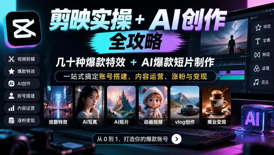 剪映实操+AI创作全攻略|几十种爆款特效+AI爆款短片制作,一站式搞定账号搭建、内容运营、涨粉与变现-小优资源网