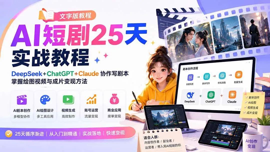 (20225期)AI短剧25天实战教程(文字版教程):DeepSeek+ChatGPT+Claude协作写剧本,掌握绘图视频与成片变现方法 (20225期)AI短剧25天实战教程(文字版教程):DeepSeek+ChatGPT+Claude协作写剧本,掌握绘图视频与成片变现方法