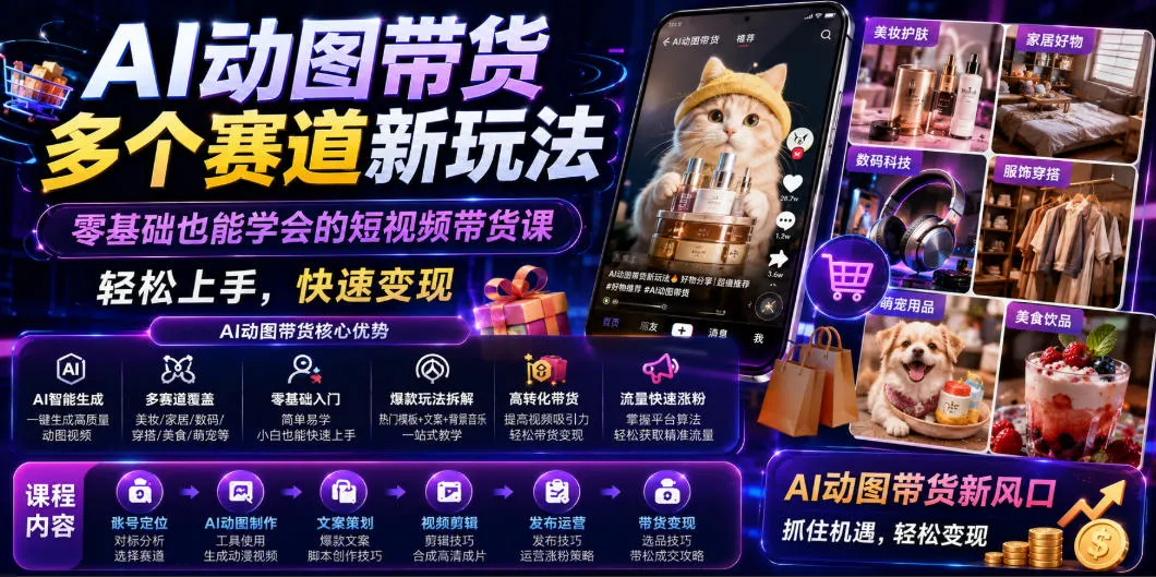 AI动图带货多个赛道新玩法，零基础也能学会的短视频带货课，轻松上手，快速变现-小优资源网