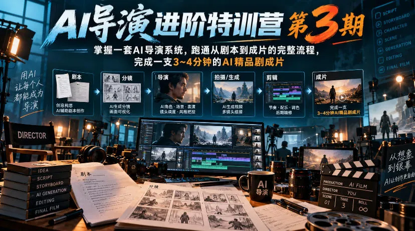 AI导演进阶特训营第3期,掌握一套AI导演系统,跑通从剧本到成片的完整流程,完成一支3~4分钟的AI精品剧成片(附1、2期) AI导演进阶特训营第3期,掌握一套AI导演系统,跑通从剧本到成片的完整流程,完成一支3~4分钟的AI精品剧成片(附1、2期)