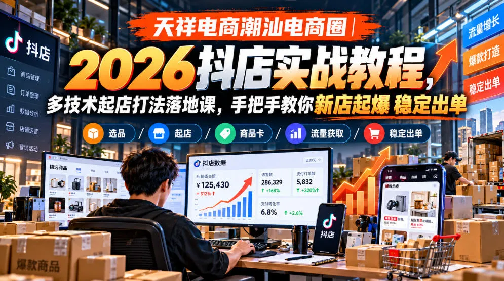 天祥电商潮汕电商圈｜2026抖店实战教程，多技术起店打法落地课，手把手教你新店起爆稳定出单-小优资源网