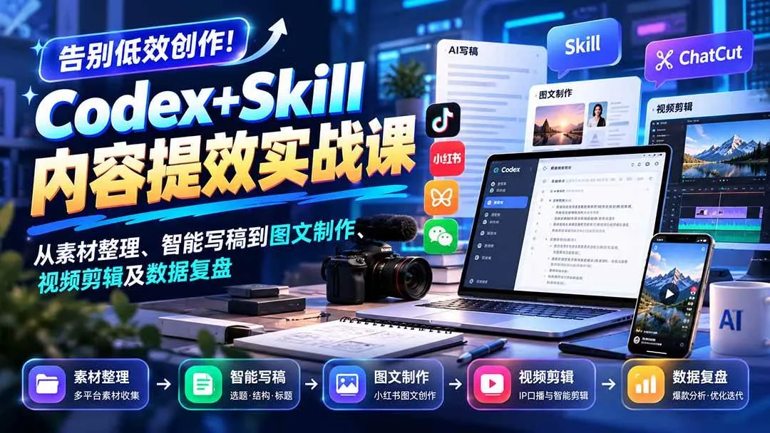 （20915期）【无水印】告别低效创作！Codex+Skill内容提效实战课：从素材整理、智能写稿到图文制作、视频剪辑及数据复盘