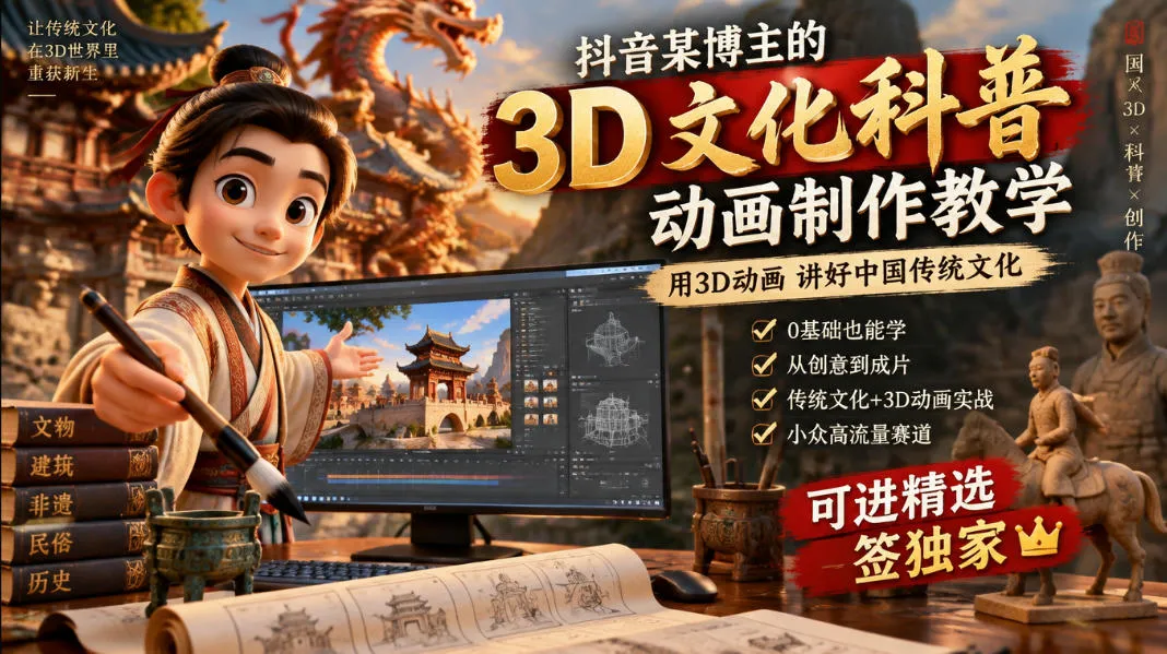 抖音某博主的3D文化科普动画制作教学,用3D动画呈现中国传统文化,可进精选签独家,单日收益1k+