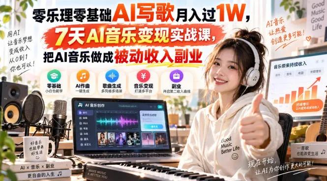 零乐理零基础AI写歌月入过1W,7天AI音乐变现实战课,把AI音乐做成被动收入副业-小优资源网