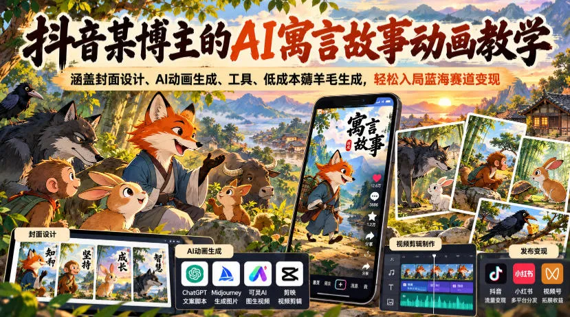 抖音某博主的AI寓言故事动画教学，涵盖封面设计、AI动画生成、工具、低成本薅羊毛生成，轻松入局蓝海赛道变现-小优资源网