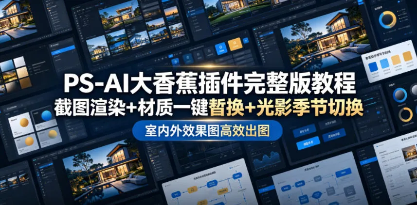 PS-AI大香蕉插件完整版教程，截图渲染+材质一键替换+光影季节切换，室内外效果图高效出图高阶课程-小优资源网