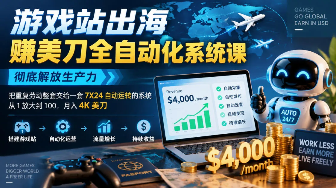 游戏站出海賺美刀全自动化系统课，彻底解放生产力–把重复劳动整套交给一套7X24自动运转的系统，从1放大到100，月入4K美刀 游戏站出海掘金从0到1小白实战课，从选词到上线，从收录到变现，月入3700刀+-小优资源网