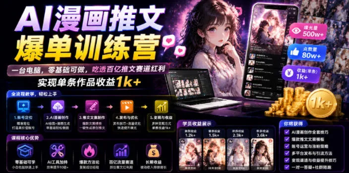 AI漫画推文爆单训练营，一台电脑，零基础可做，吃透百亿推文赛道红利，实现单条作品收益1k+-小优资源网