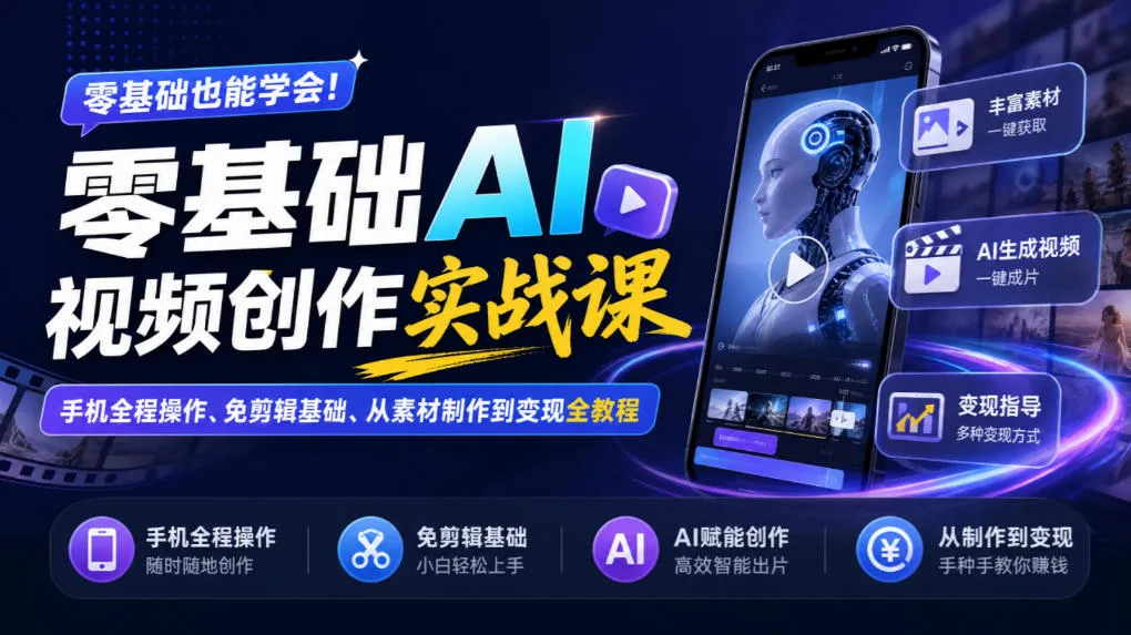 零基础AI视频创作实战课｜手机全程操作、免剪辑基础、从素材制作到变现全教程-小优资源网