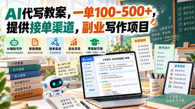 AI代写教案,一单100-500+,提供接单渠道,副业写作项目-小优资源网