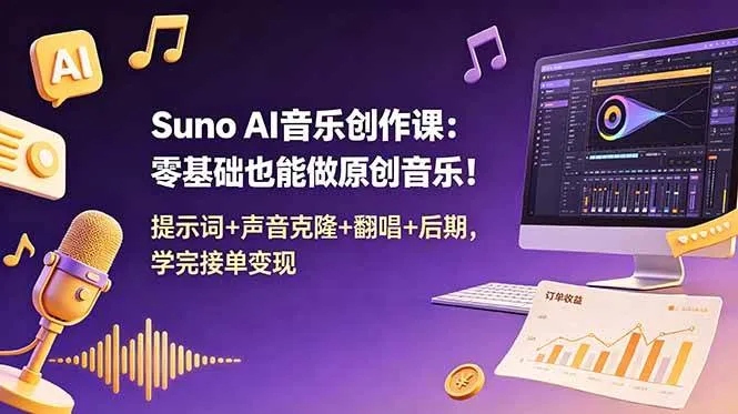 (18945期) Suno AI音乐创作课:零基础也能做原创音乐!提示词+声音克隆+翻唱+后期,学完接单变现-小优资源网