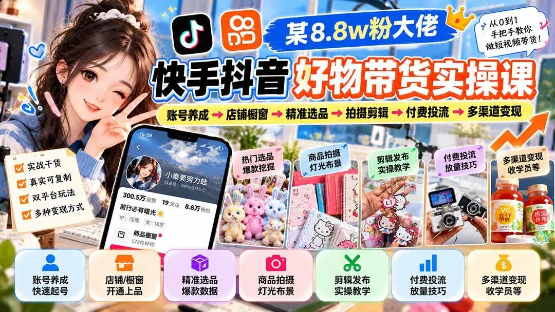 (20733期)某8.8w粉大佬快手抖音好物带货实操课:账号养成→店铺橱窗→精准选品→拍摄剪辑→付费投流→多渠道变现-小优资源网