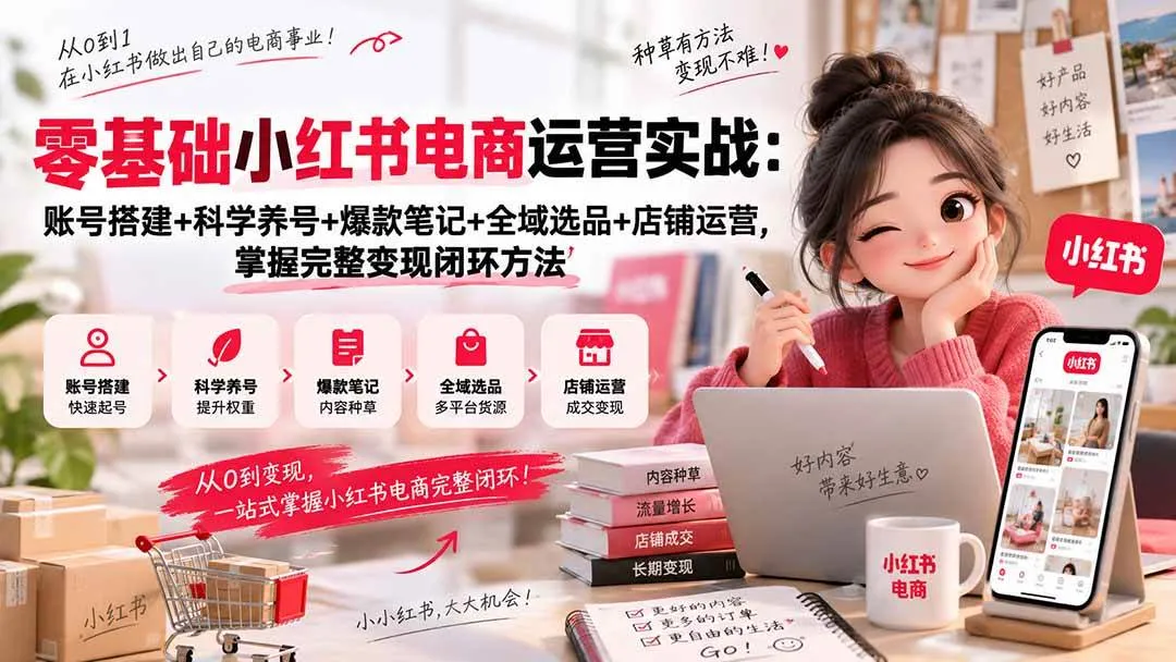 (20467期)零基础小红书电商运营实战:账号搭建+科学养号+爆款笔记+全域选品+店铺运营,掌握完整变现闭环方法-小优资源网