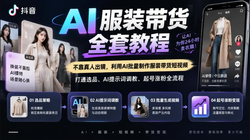 抖音AI服装带货全套教程,不靠真人出镜,利用AI批量制作服装带货短视频,打通选品、AI提示词调教、起号涨粉全流程-小优资源网