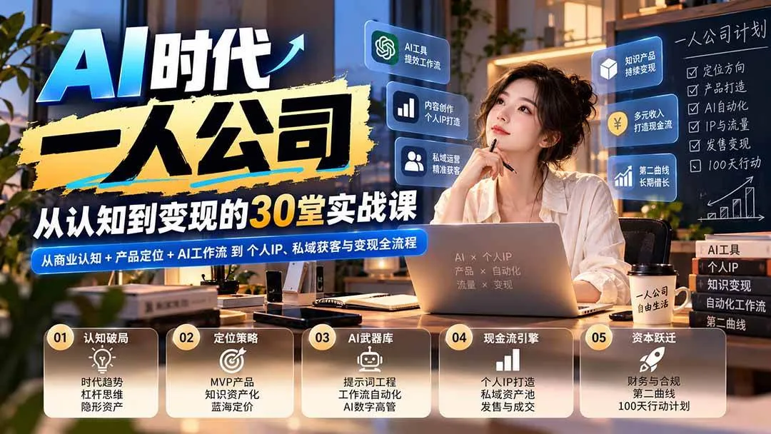 （20847期）【无水印】AI时代一人公司30堂实战课：从商业认知+产品定位+AI工作流到个人IP、私域获客与变现全流程