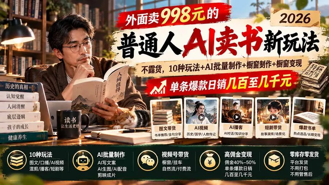 (20909期)外面卖998元的2026普通人AI卖书新玩法:不露脸、不囤货,10种玩法+AI批量制作+橱窗变现,单条爆款日销几百至几千元 (20909期)外面卖998元的2026普通人AI卖书新玩法:不露脸、不囤货,10种玩法+AI批量制作+橱窗变现,单条爆款日销几百至几千元