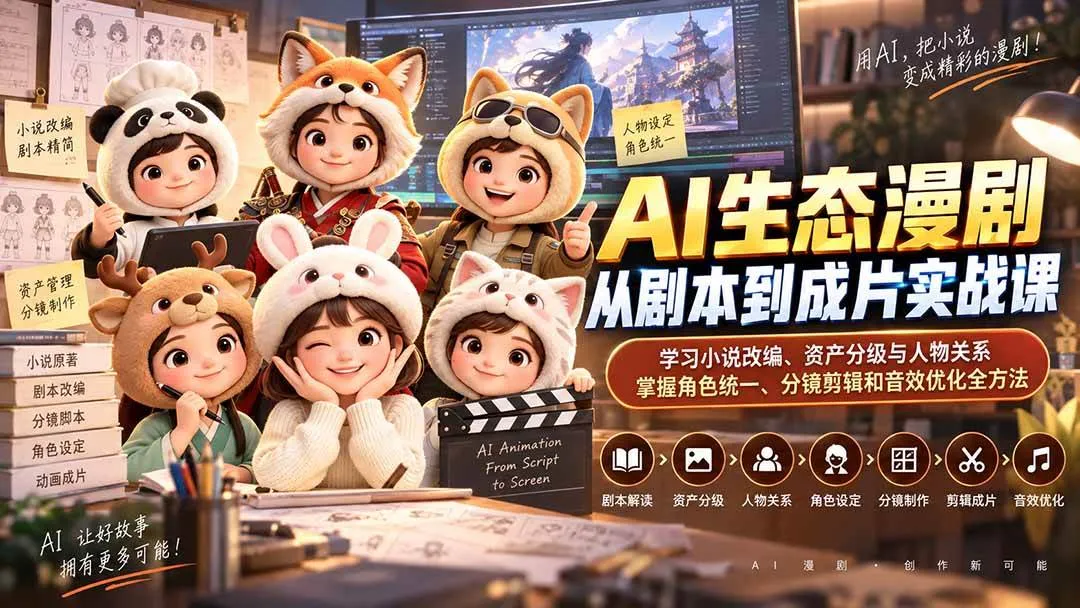 (20412期)AI生态漫剧从剧本到成片实战课:学习小说改编、资产分级与人物关系,掌握角色统一、分镜剪辑和音效优化全方法-小优资源网