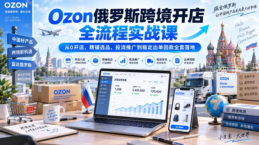 Ozon俄罗斯跨境开店全流程实战课|从0开店、精铺选品、投流推广到稳定出单回款全套落地