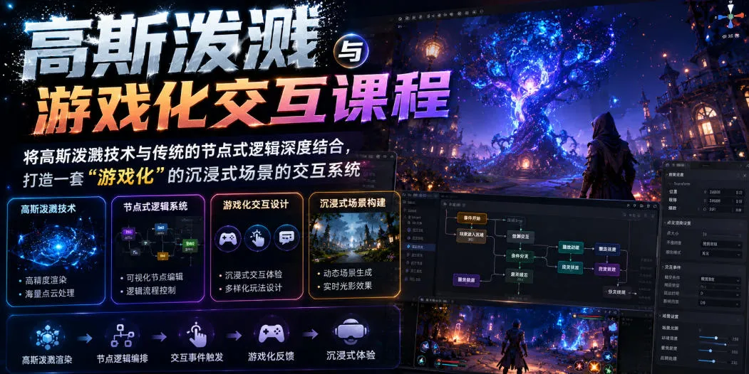 高斯泼溅与游戏化交互课程，将高斯泼溅技术与传统的节点式逻辑深度结合，打造一套“游戏化”的沉浸式场景的交互系统-小优资源网