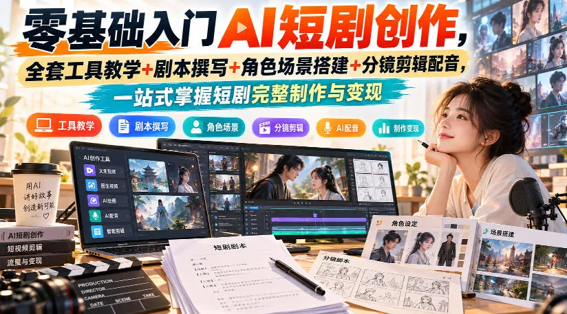 零基础入门AI短剧创作，全套工具教学+剧本撰写+角色场景搭建+分镜剪辑配音，一站式掌握短剧完整制作与变现-小优资源网