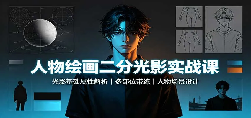 人物绘画二分光影实战课:光影基础属性解析,多部位带练,人物场景设计-小优资源网