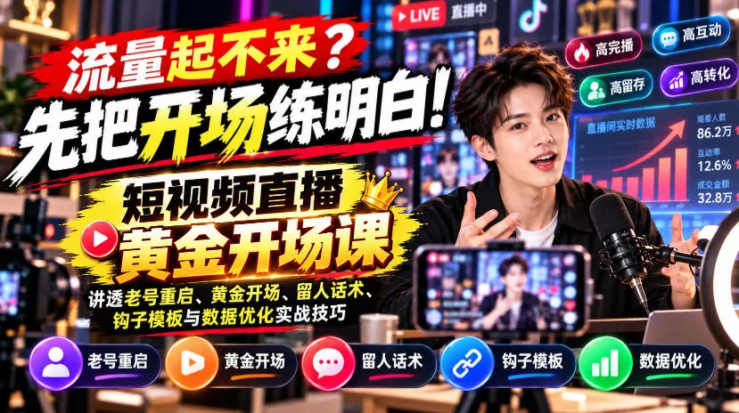 【无水印】流量起不来?先把开场练明白!短视频直播黄金开场课,讲透老号重启、黄金开场、留人话术、钩子模板与数据优化实战技巧 【无水印】流量起不来?先把开场练明白!短视频直播黄金开场课,讲透老号重启、黄金开场、留人话术、钩子模板与数据优化实战技巧
