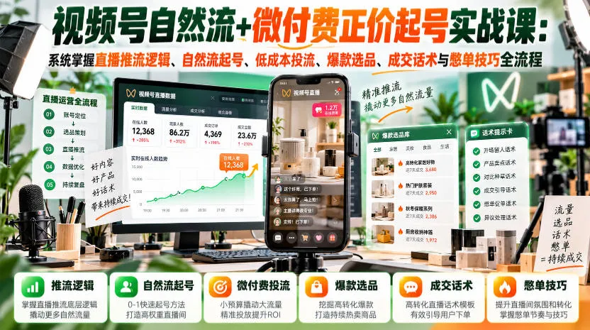 视频号自然流+微付费正价起号实战课:系统掌握直播推流逻辑、自然流起号、低成本投流、爆款选品、成交话术与憋单技巧全流程-小优资源网